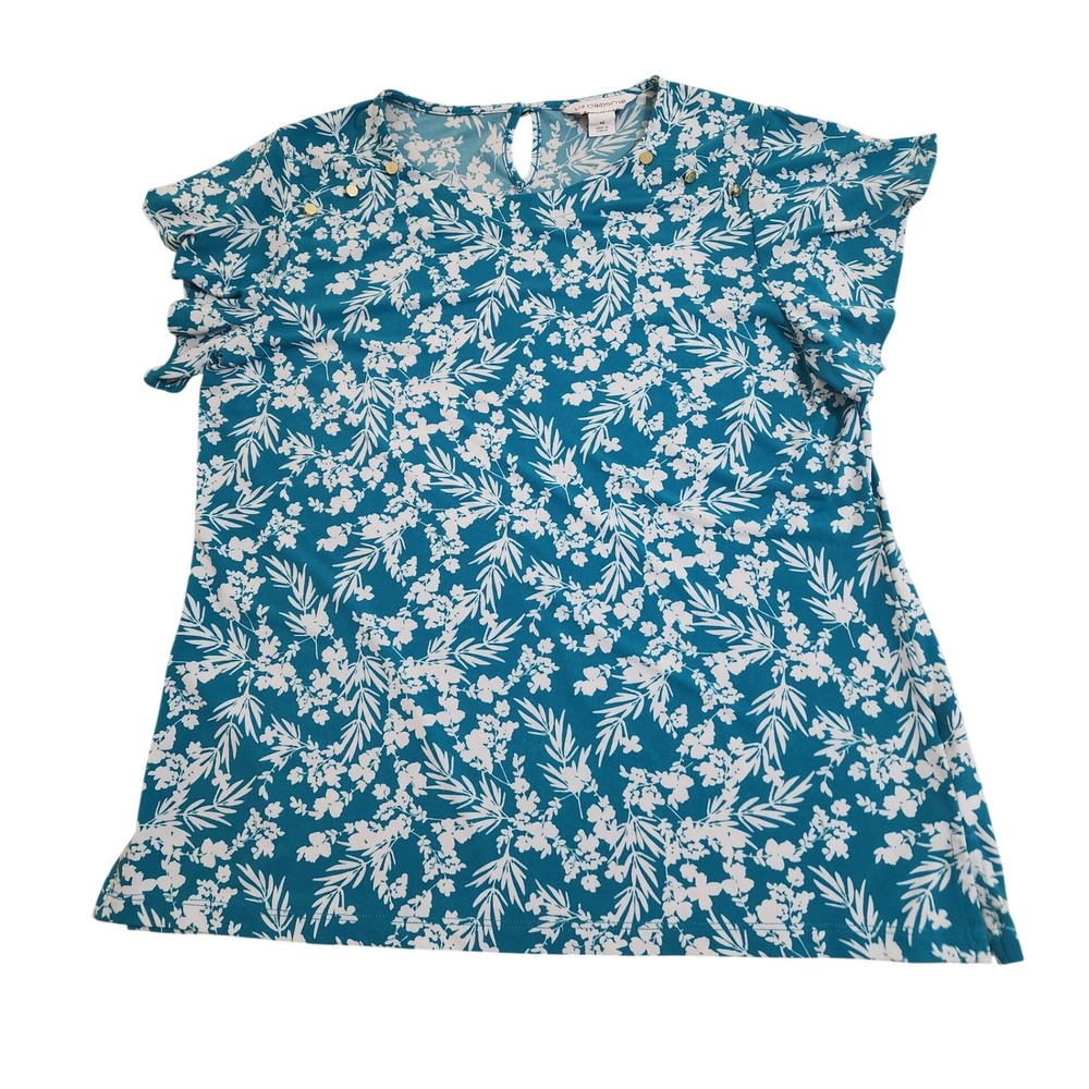 Liz Claiborne Teal Floral Flutter Sleeve Blouse Gold Button Detail Medium